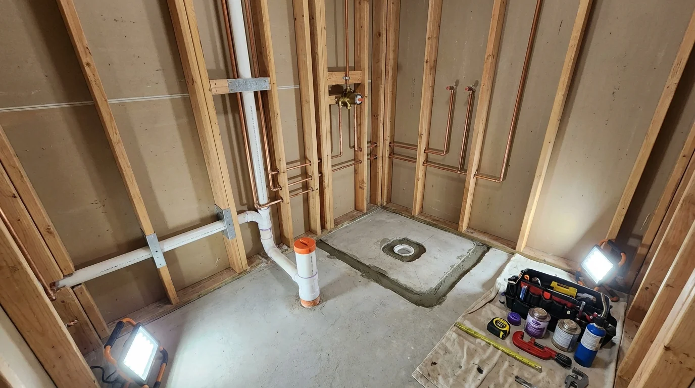 Bathroom rough-in plumbing during remodel by Johns Plumbing LLC in Pinckney