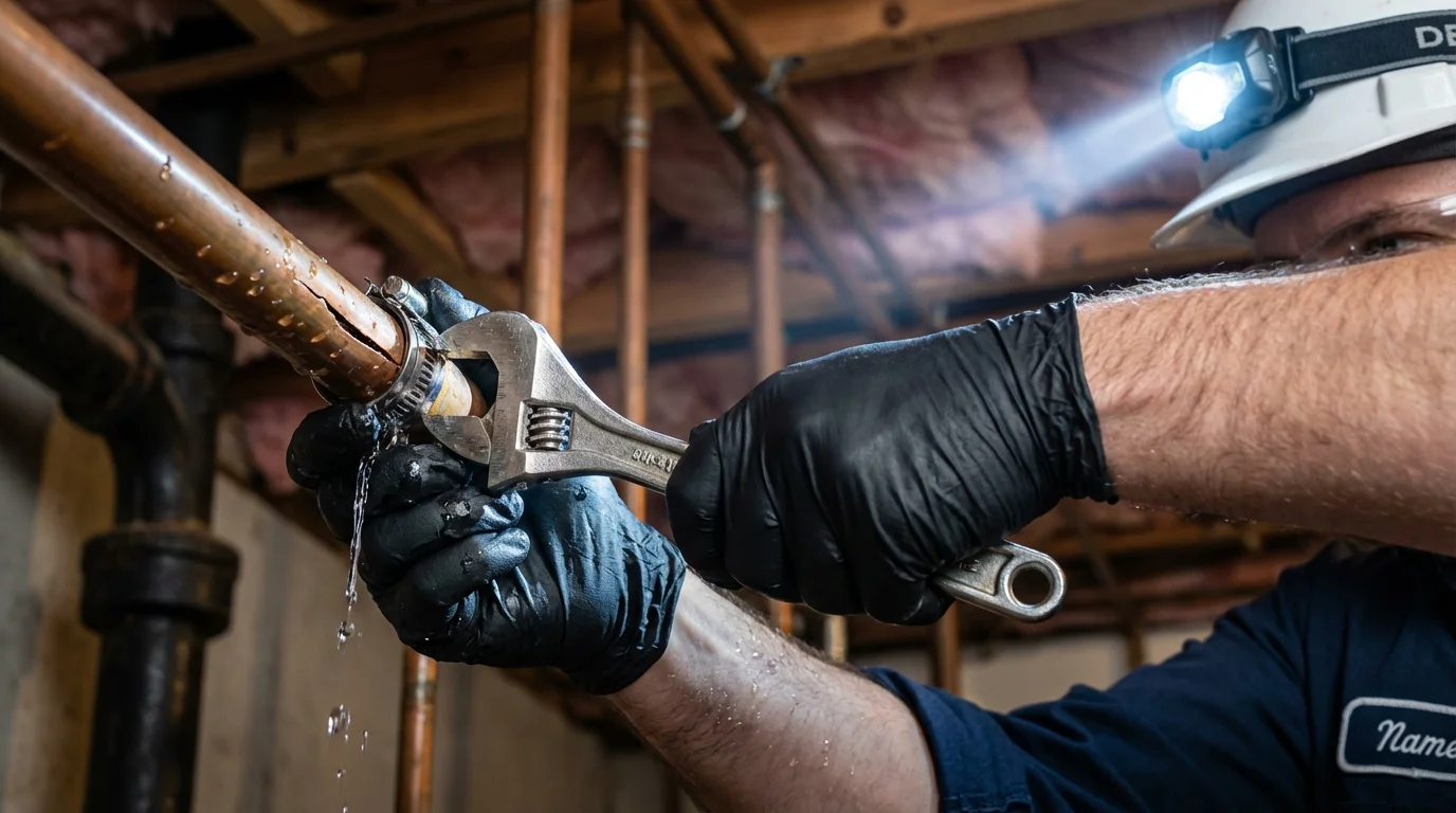 Emergency pipe clamp repair being performed by a Johns Plumbing LLC plumber in Pinckney
