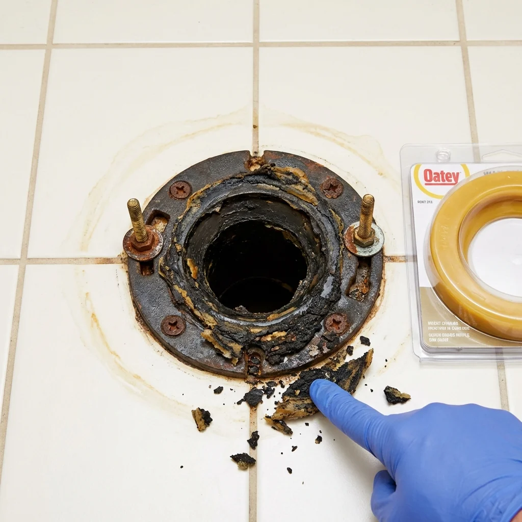 Failed wax ring showing water seepage at the base of a toilet in a Pinckney, MI home
