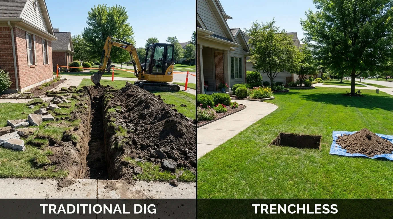 Trenchless sewer repair with minimal yard damage versus traditional excavation in Pinckney, MI